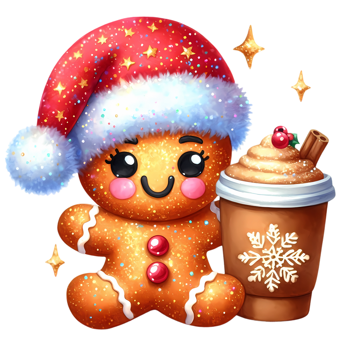 Gingerbread Man with Santa Hat and Cocoa T-Shirt – Christmas DTF Print