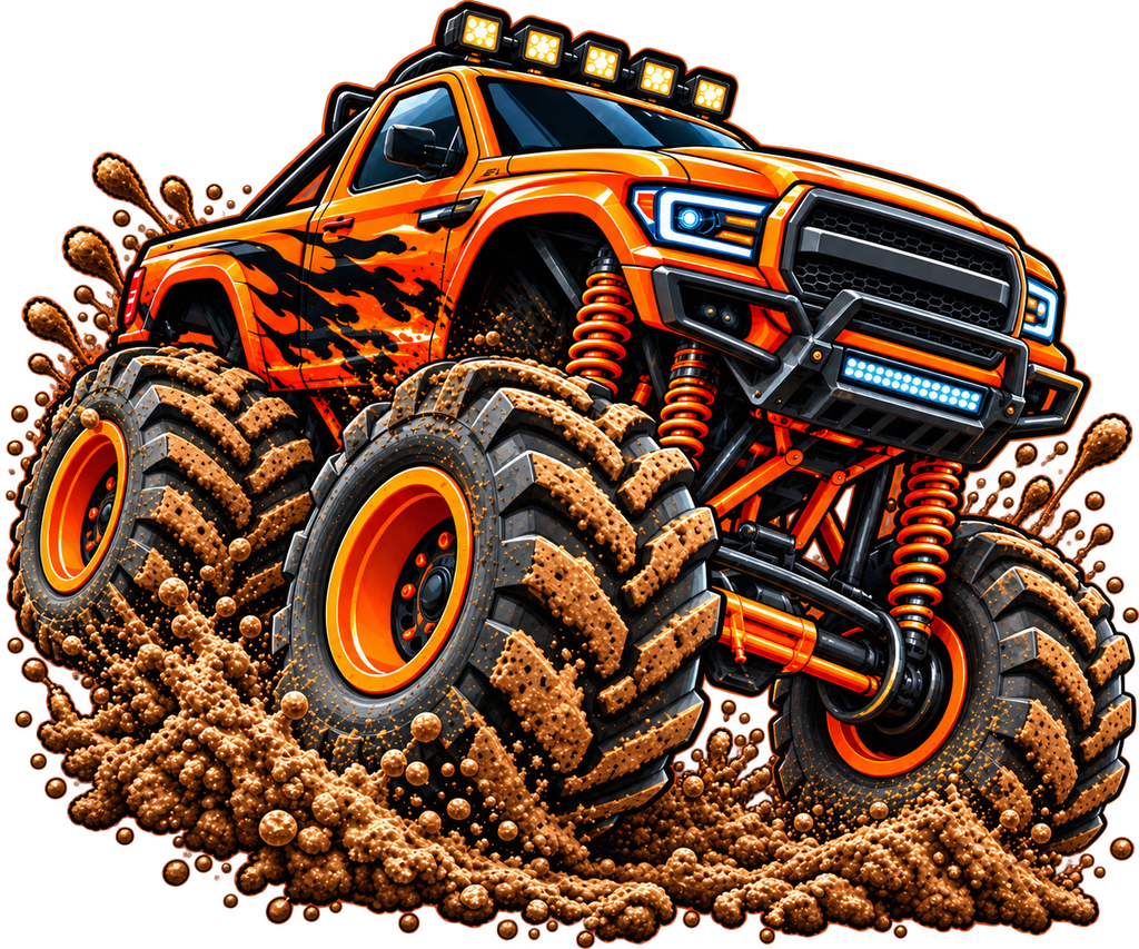 Orange Monster Truck Toddler T-Shirt – Big Wheels & Mud Splash Design | DTF Print