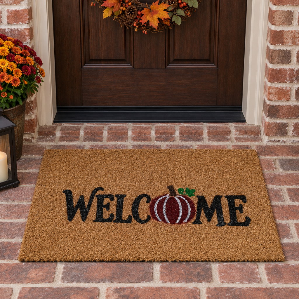 Burgundy pumpkin mat at a brick entryway