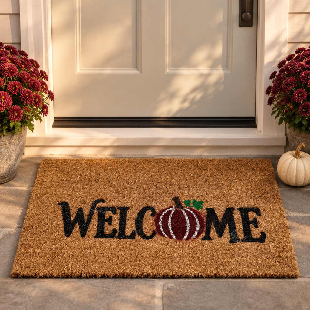 Burgundy pumpkin mat on an autumn porch