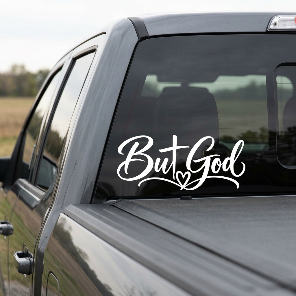 But God centered-heart decal on pickup rear window