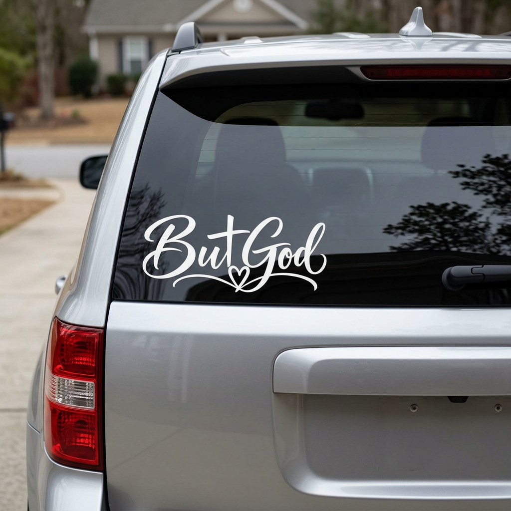 But God centered-heart decal on SUV rear window