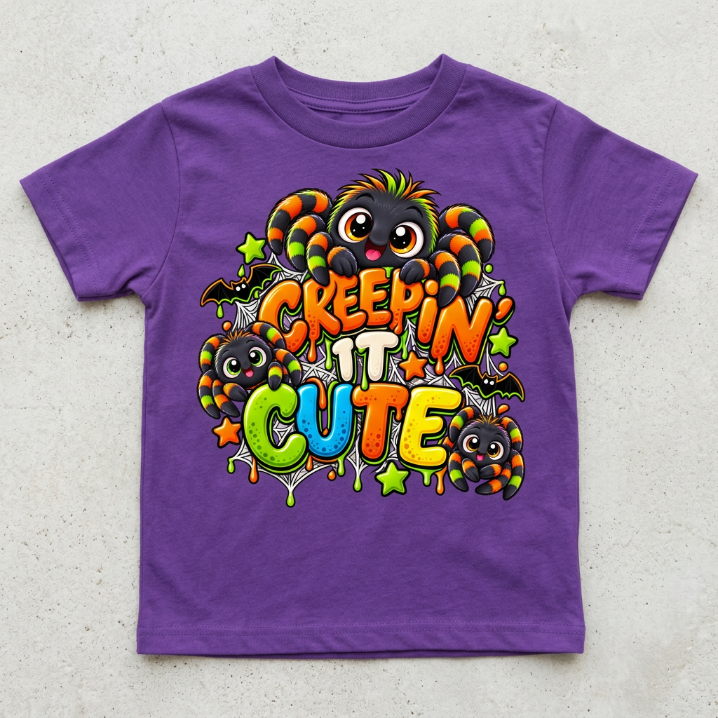 Creepin’ It Cute purple toddler T-shirt flat-lay mockup