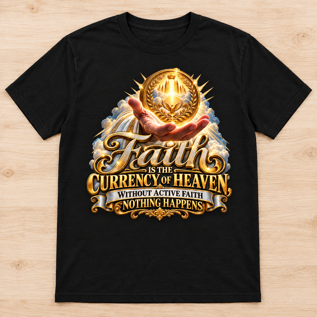 Faith Is The Currency Of Heaven DTF print t-shirt flat lay mockup on light wooden surface