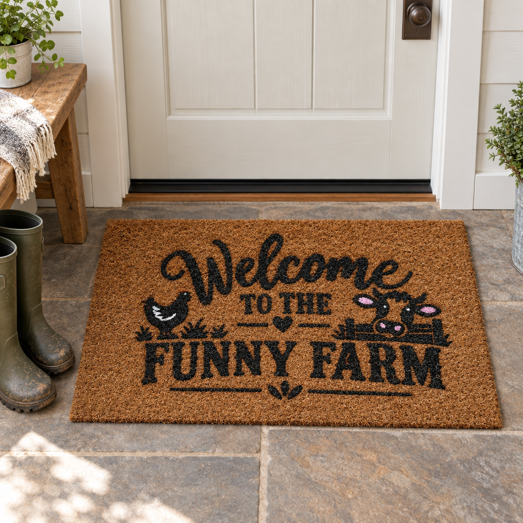 Funny Farm mat in a country mudroom