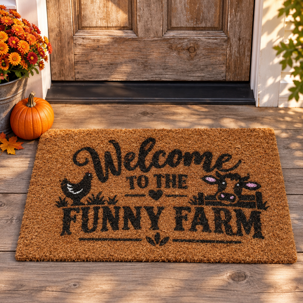 Funny Farm mat on a farmhouse porch