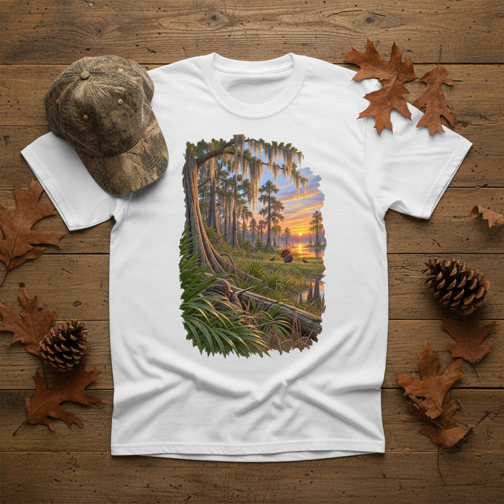 Turkey Hunting Swamp T-Shirt lifestyle flat lay