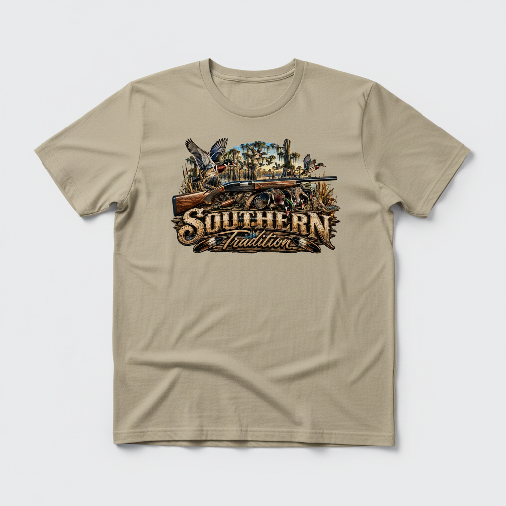 Sand colored t-shirt laid flat with wood duck waterfowl hunting DTF print on the chest