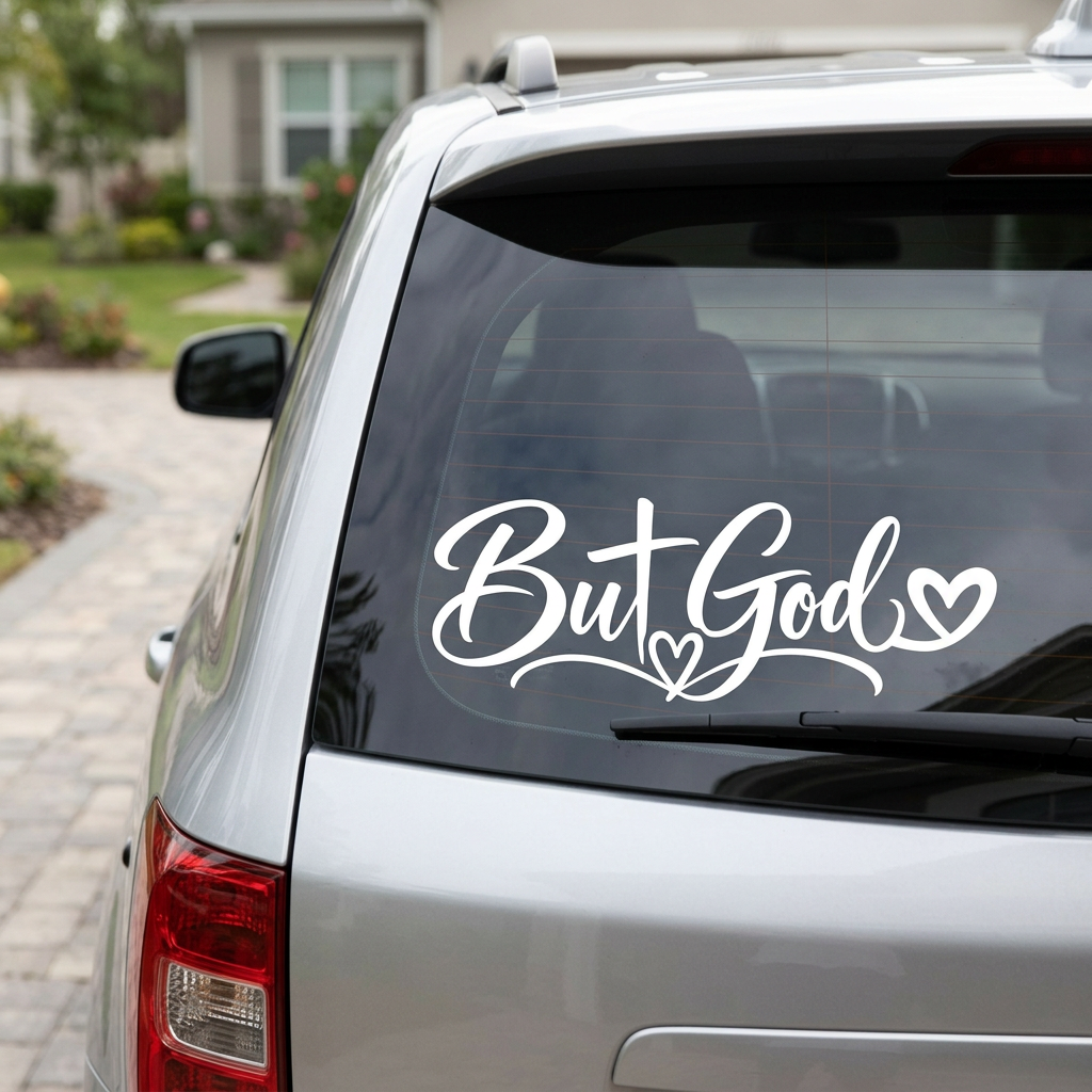 White But God bold script and heart decal mockup on SUV rear window