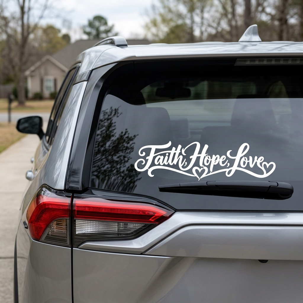 White Faith Hope Love script and hearts decal mockup on SUV rear window