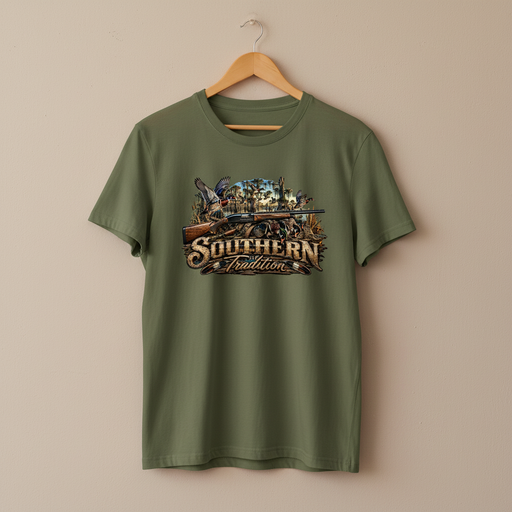 Olive green t-shirt on a wooden hanger with wood duck waterfowl hunting DTF print on the chest