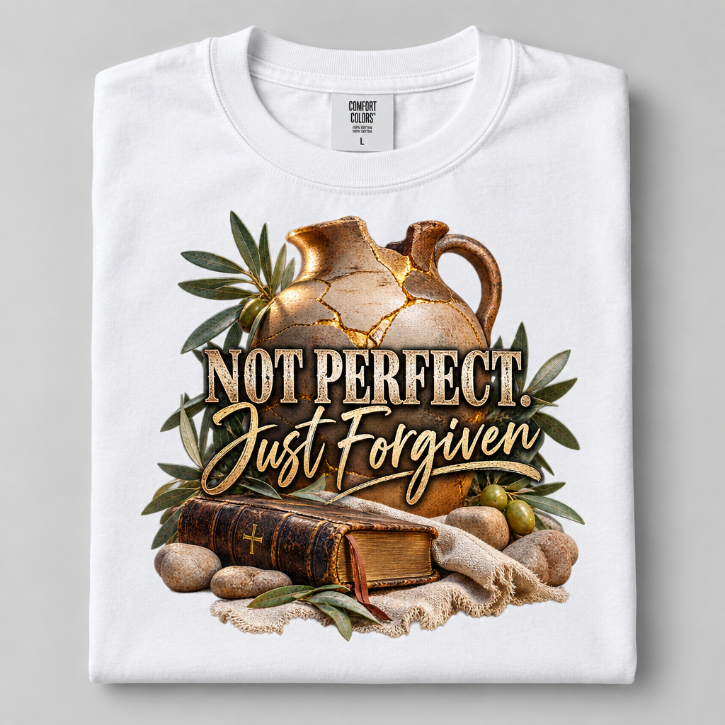 Not Perfect Just Forgiven T-Shirt flat lay mockup