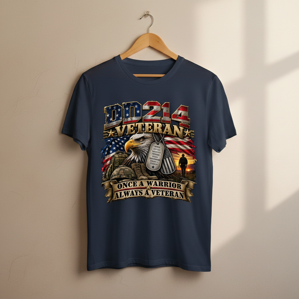 Navy t-shirt on a wooden hanger with DD214 military legacy DTF print on the chest