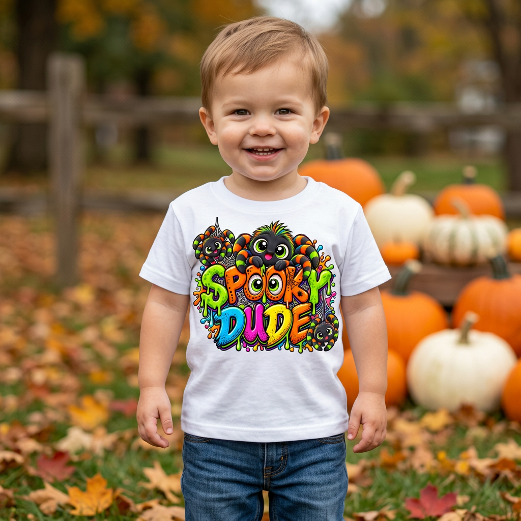 Toddler model wearing white Spooky Dude Halloween T-shirt mockup