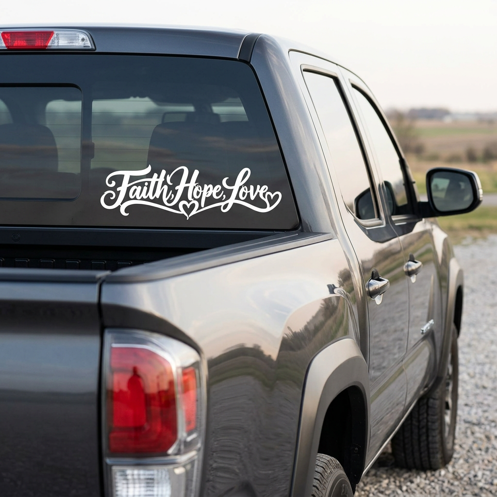 White Faith Hope Love script and hearts decal mockup on pickup rear window