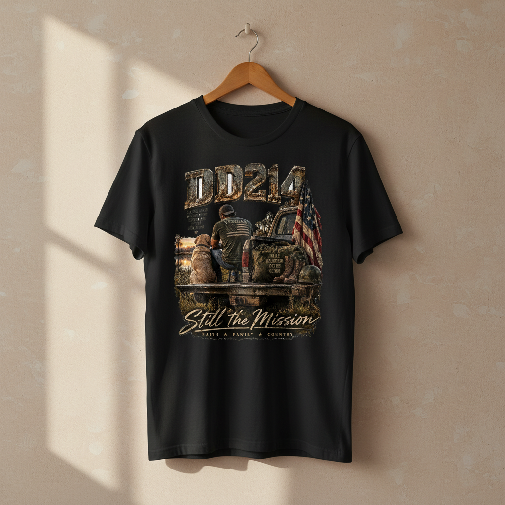 Black t-shirt on a wooden hanger with DD214 military service tribute DTF print on the chest