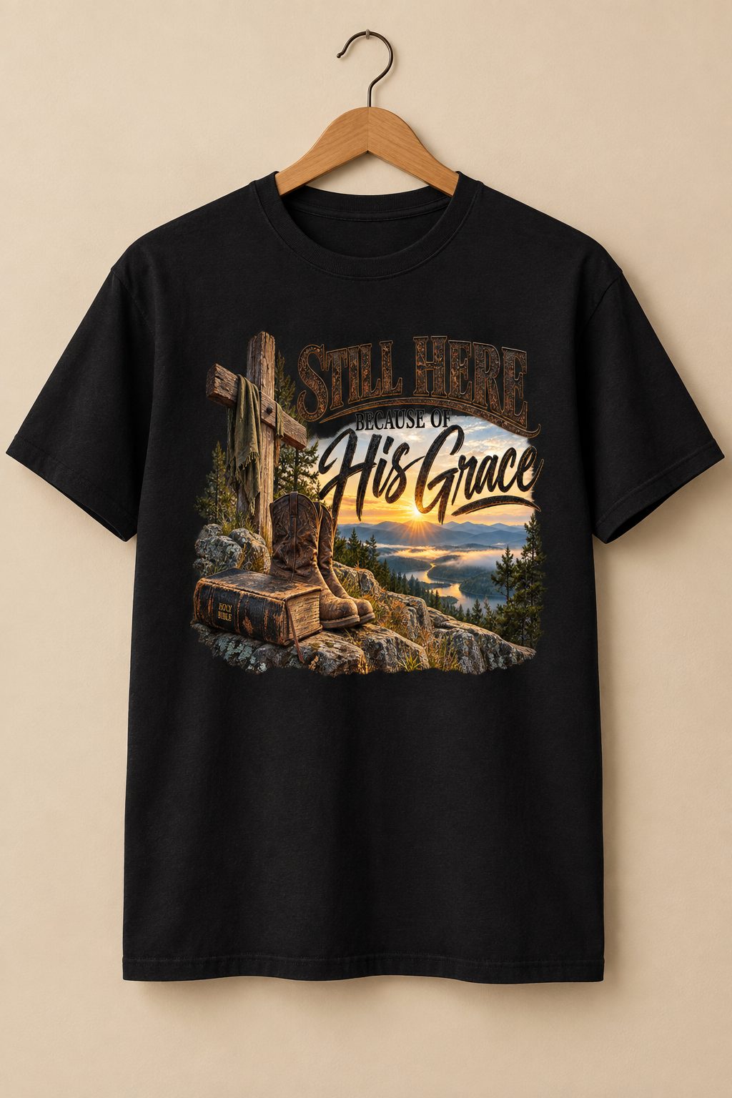 Still Here Because Of His Grace T-Shirt on wooden hanger mockup