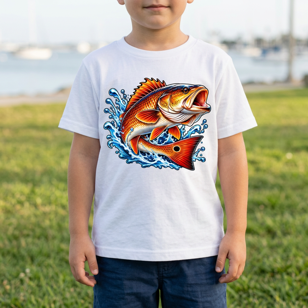 Child model wearing white leaping redfish T-shirt mockup