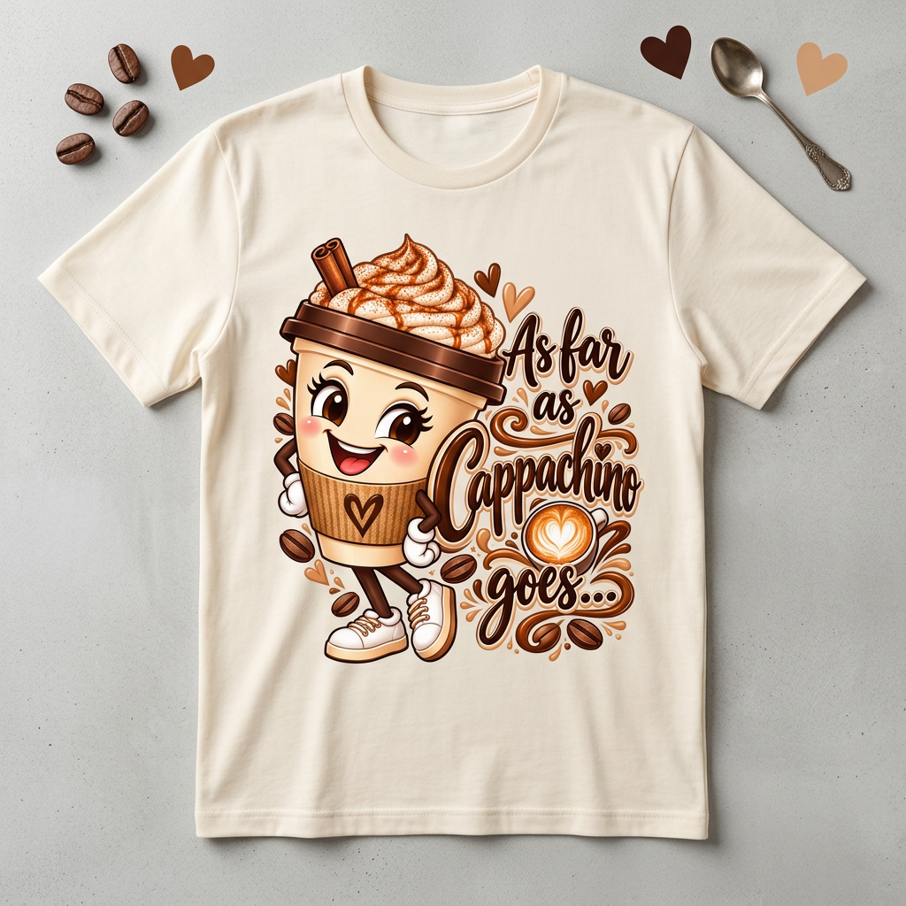 As Far as Cappachino Goes coffee design on cream T-shirt flat-lay mockup
