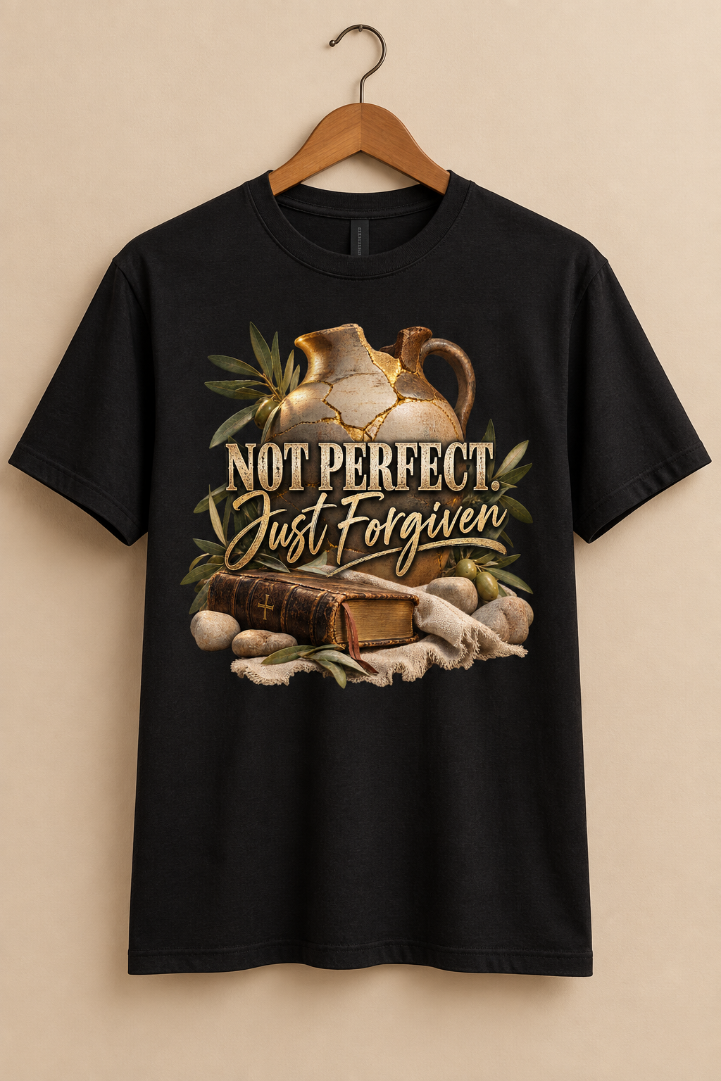 Not Perfect Just Forgiven T-Shirt on wooden hanger mockup