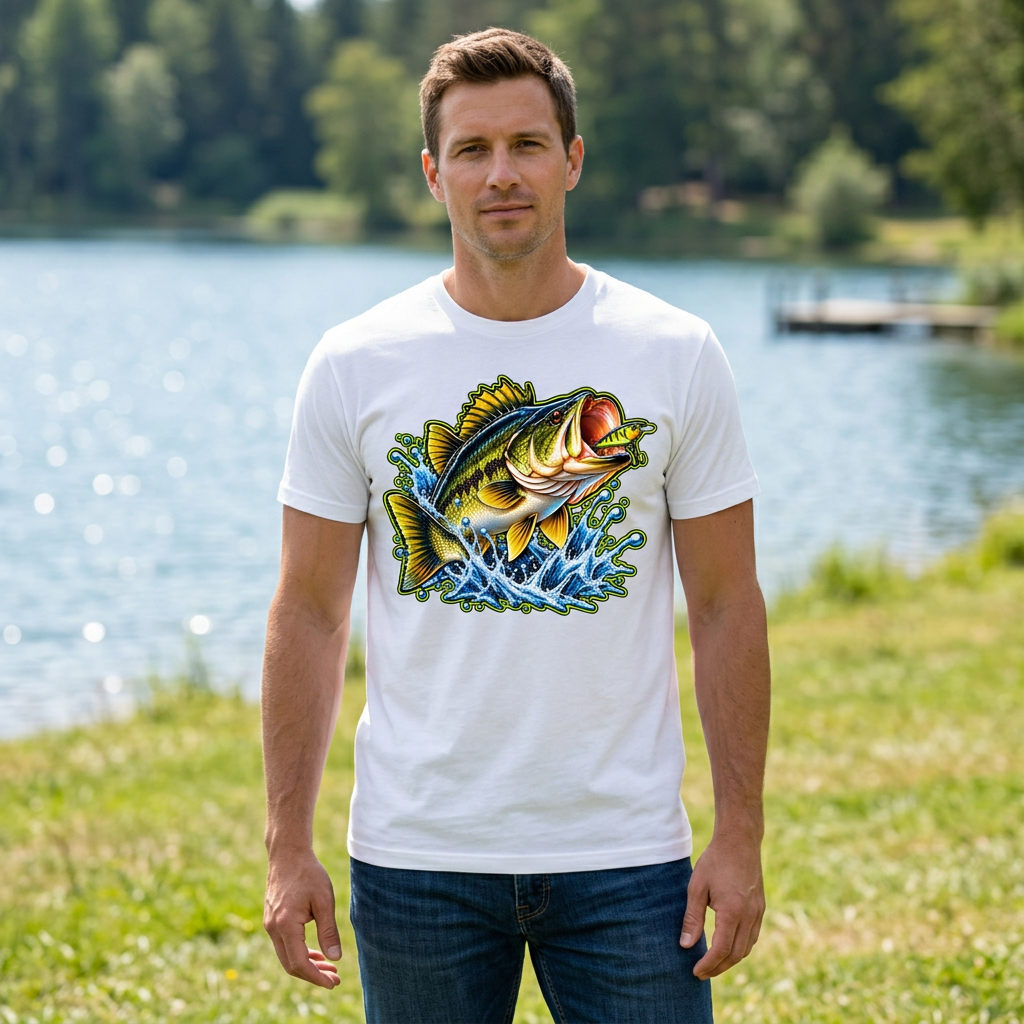 Male model wearing white bass with lure fishing T-shirt mockup