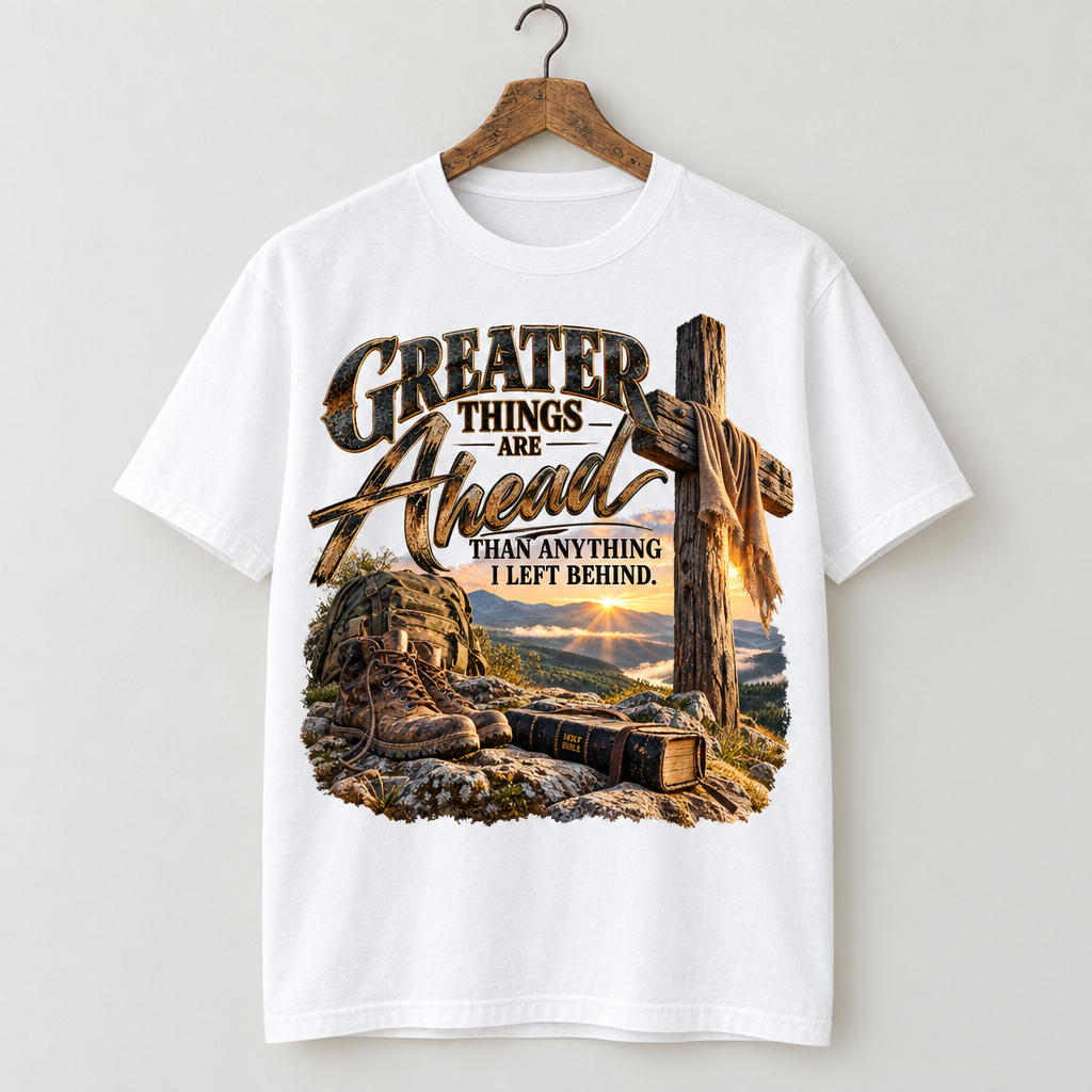 Greater Things Ahead DTF print t-shirt on wooden hanger in white colorway