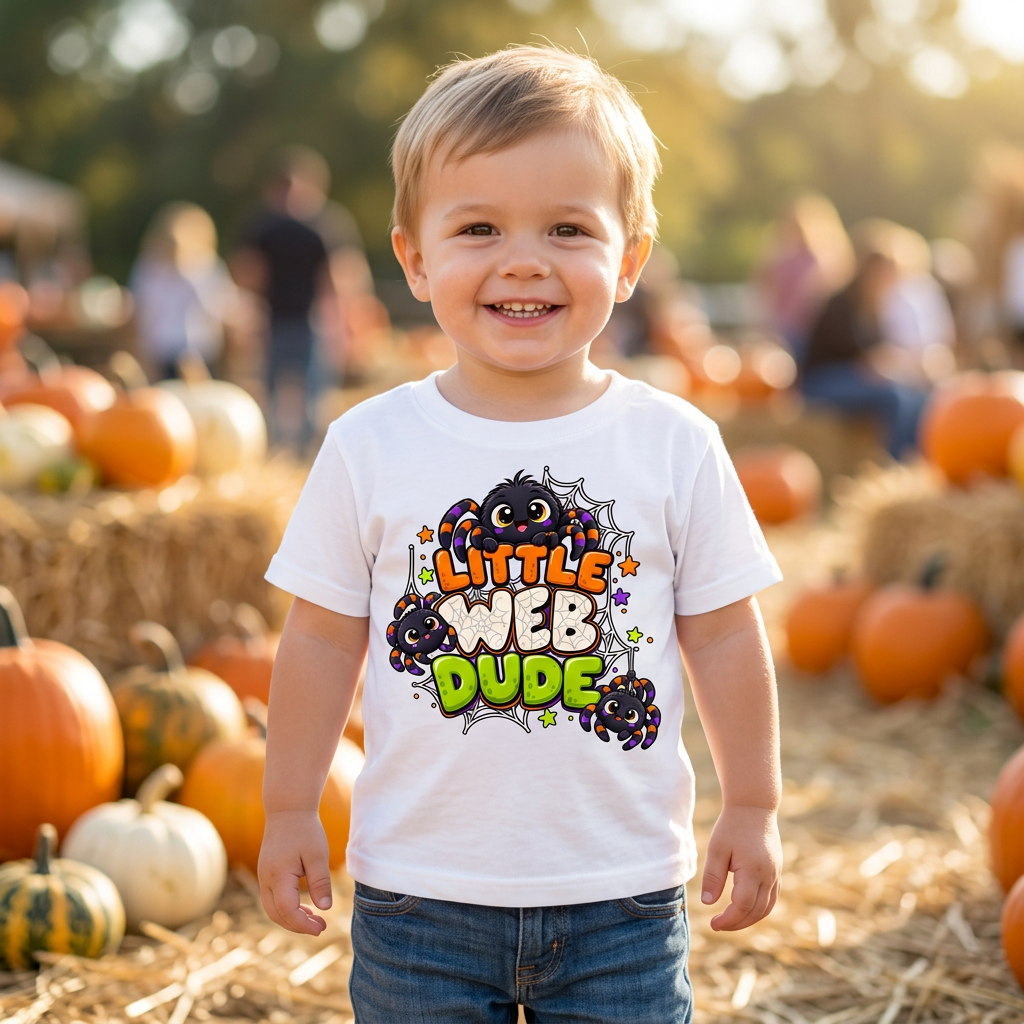 Toddler wearing Little Web Dude white Halloween T-shirt at pumpkin patch