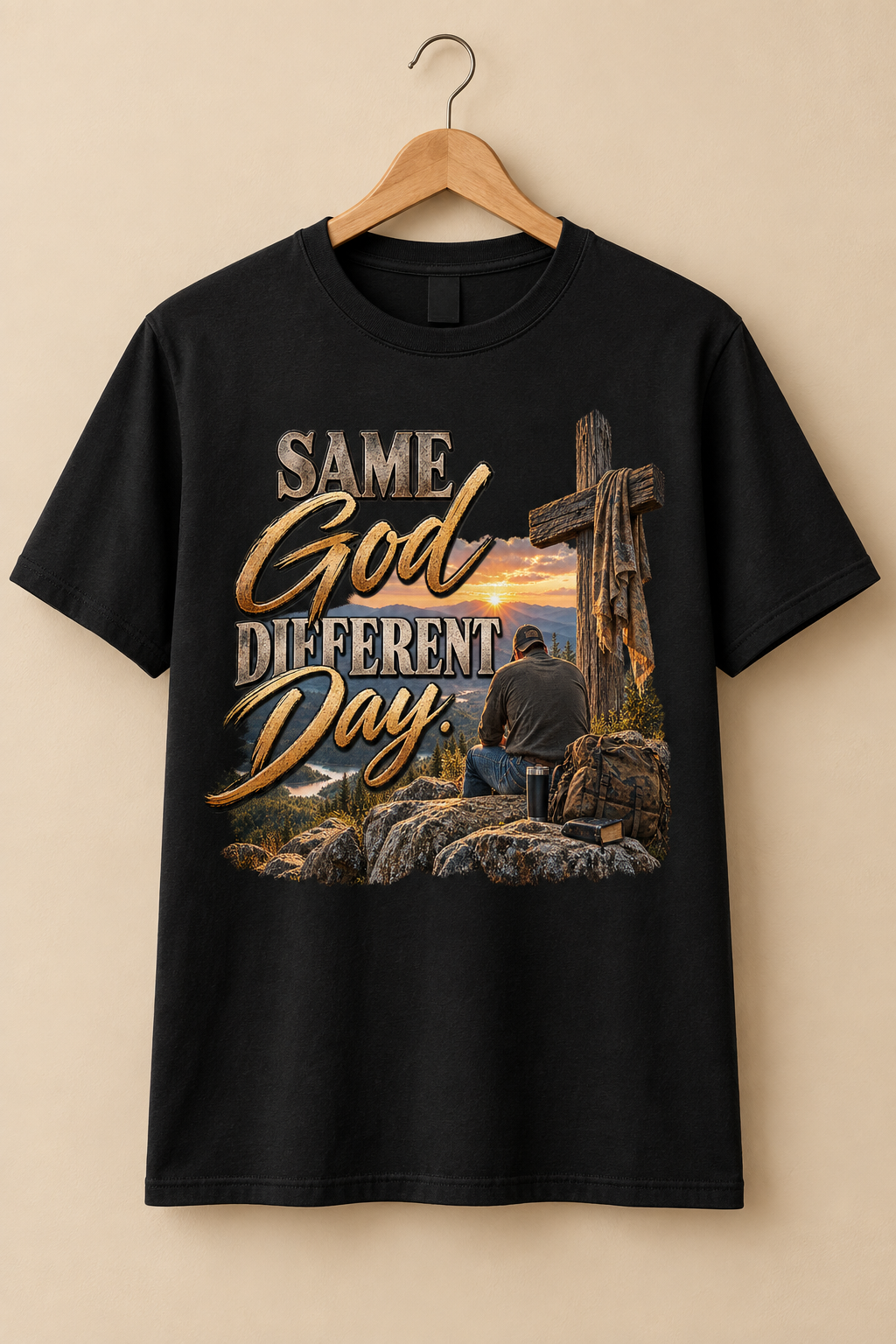 Same God Different Day T-Shirt on wooden hanger mockup
