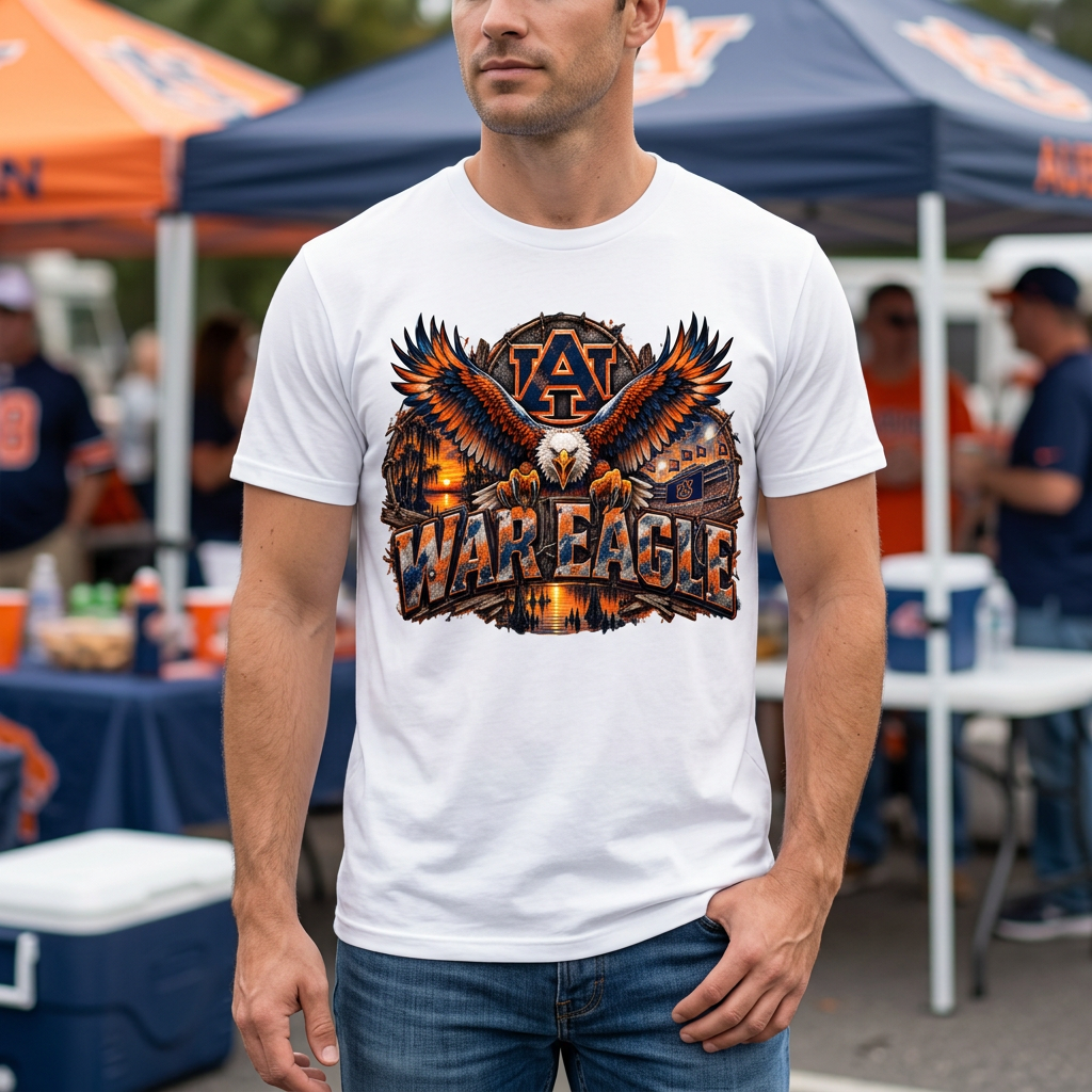 Male model wearing white War Eagle Auburn T-shirt mockup