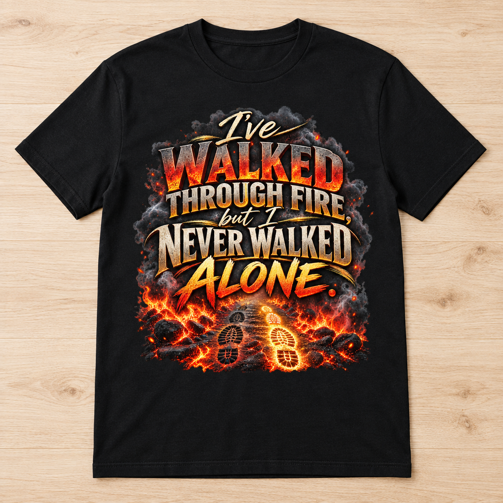 I've Walked Through Fire but I Never Walked Alone DTF print t-shirt flat lay mockup on light wooden surface
