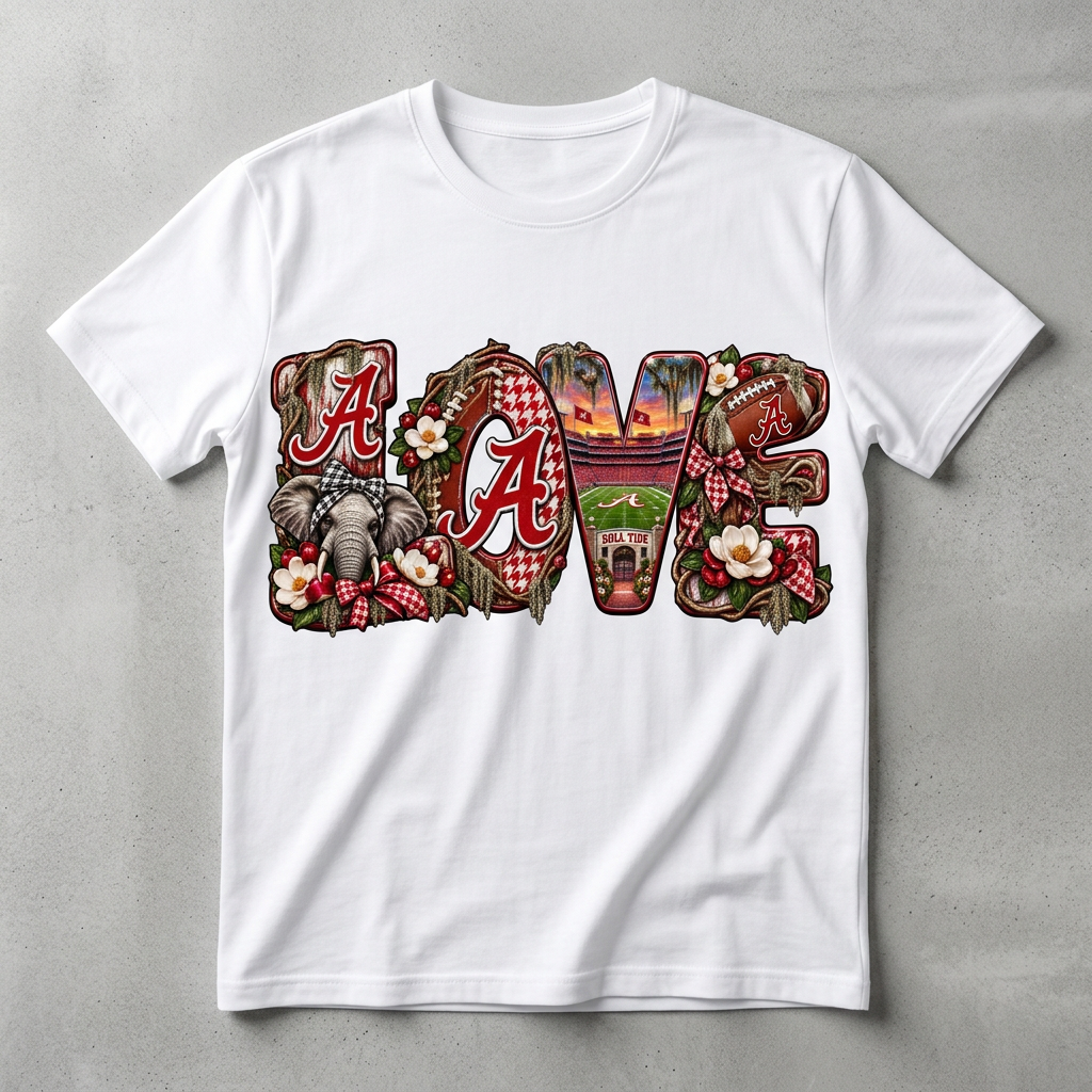 Love Alabama football and houndstooth design on white T-shirt flat-lay mockup