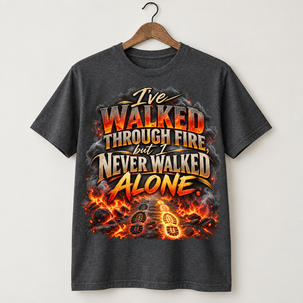 I've Walked Through Fire but I Never Walked Alone DTF print t-shirt on wooden hanger in charcoal colorway