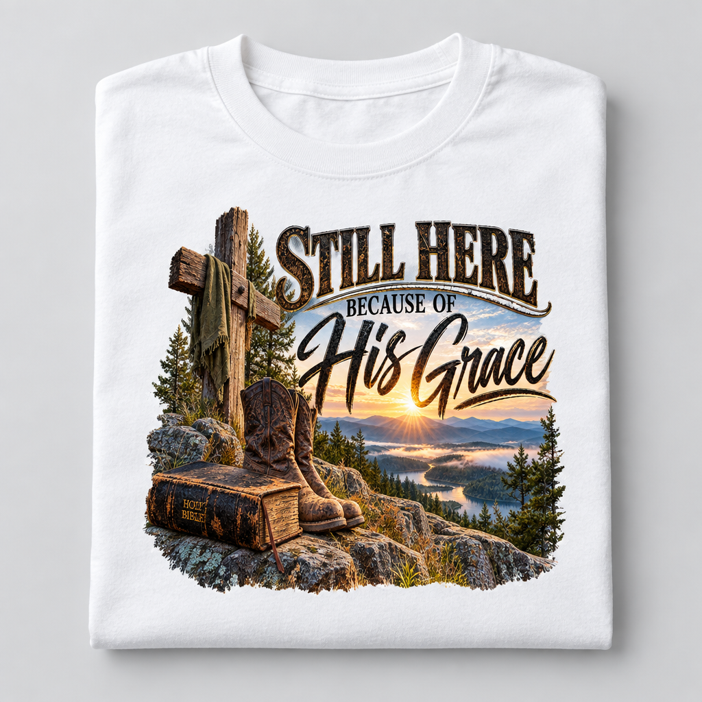 Still Here Because Of His Grace T-Shirt flat lay mockup