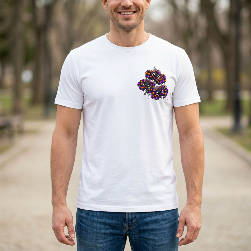 Model wearing white T-shirt with orange-and-purple spider trio left-chest logo