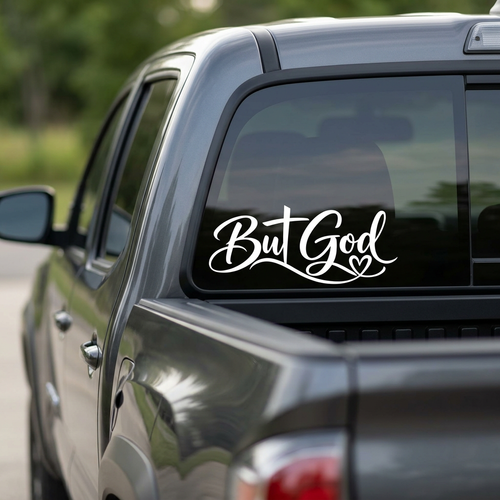 White But God faith decal mockup on a pickup rear cab window