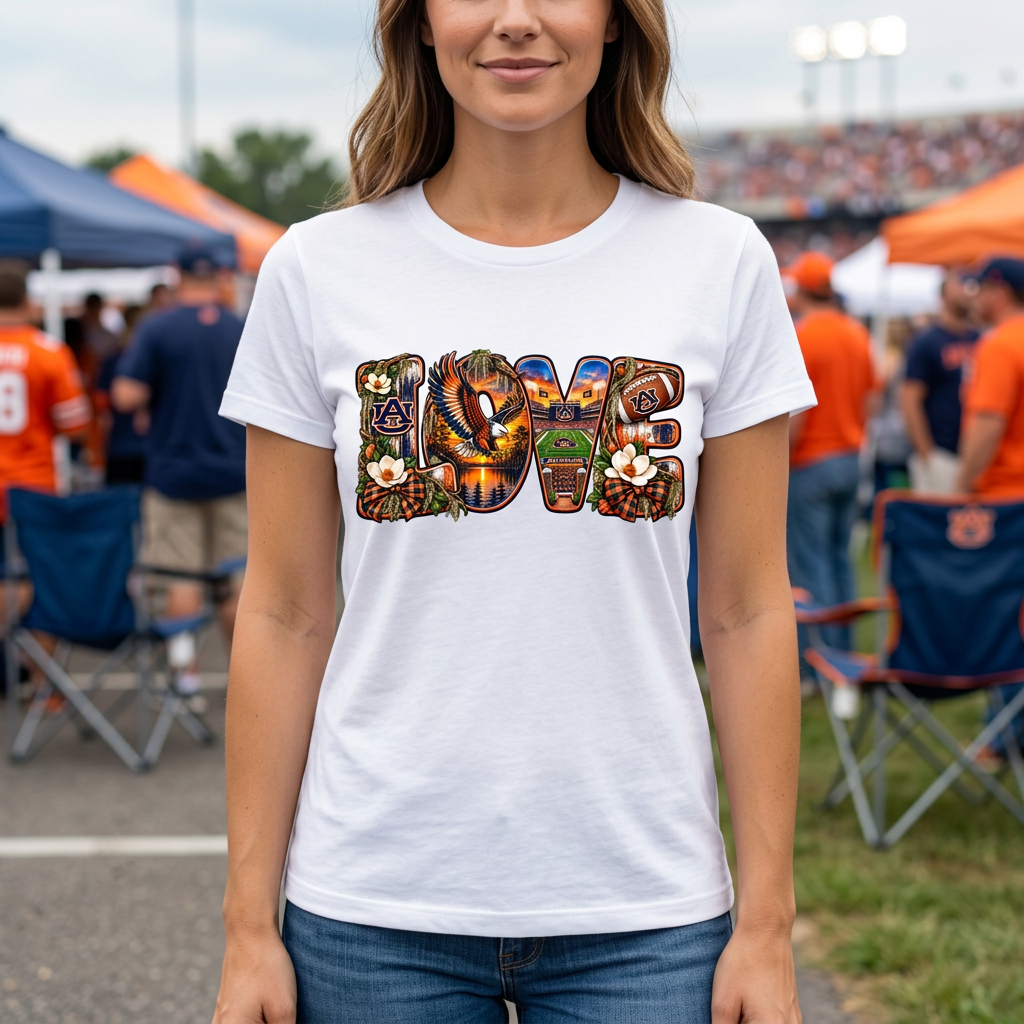 Model wearing white Love Auburn rustic football T-shirt mockup