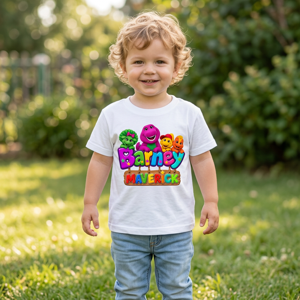 Toddler wearing white Barney and Friends Maverick T-shirt