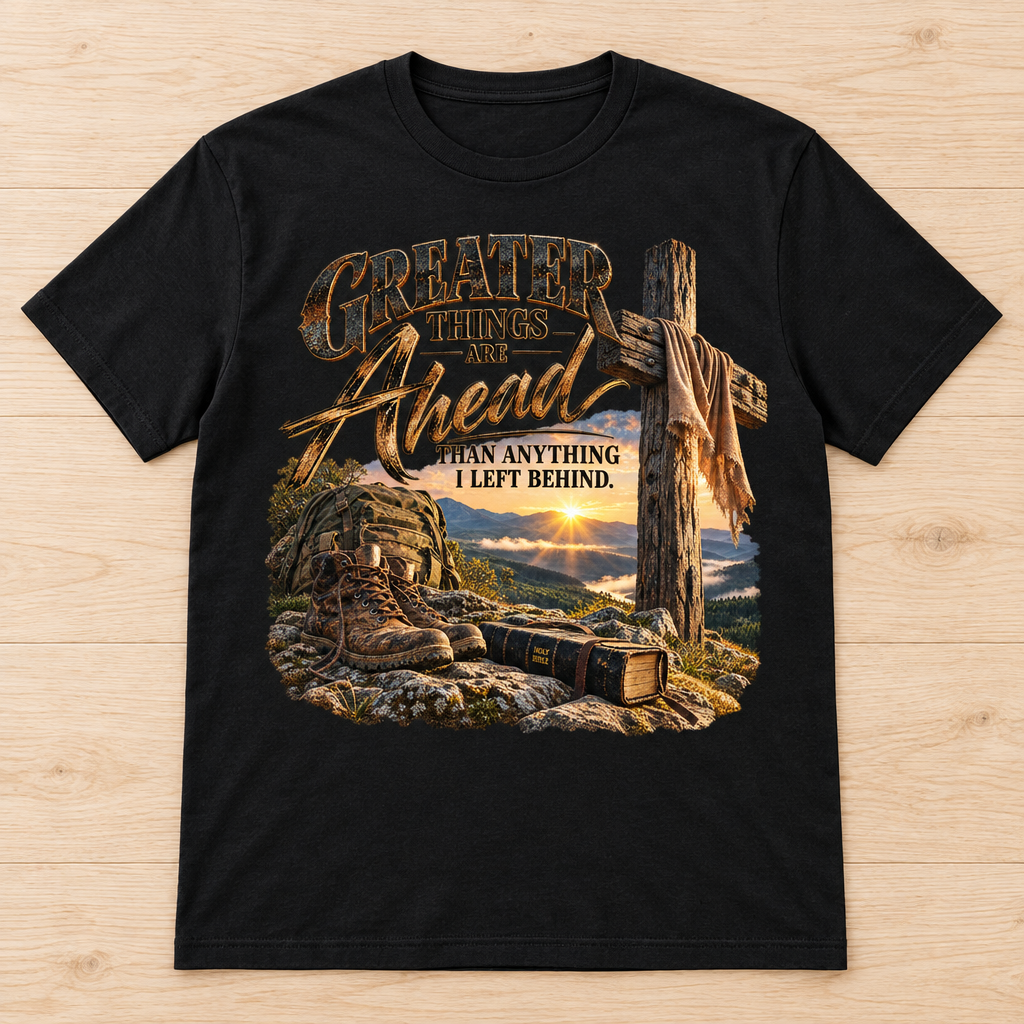Greater Things Ahead DTF print t-shirt flat lay mockup on light wooden surface