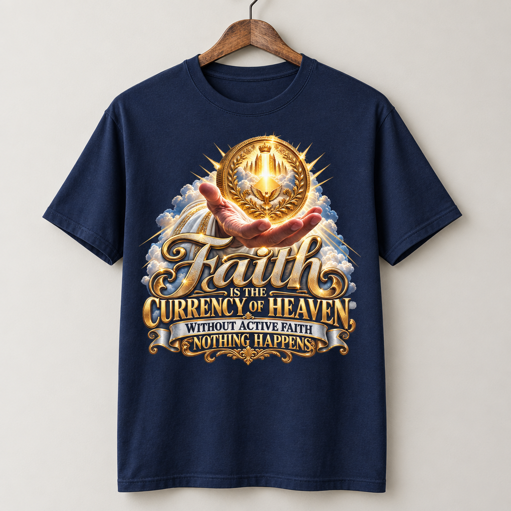 Faith Is The Currency Of Heaven DTF print t-shirt on wooden hanger in navy colorway