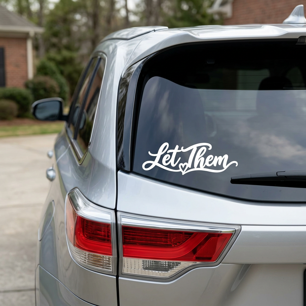 White Let Them script and heart decal mockup on SUV rear window