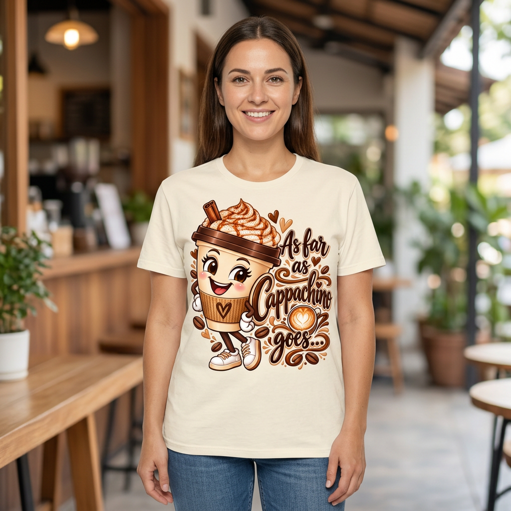 Model wearing cream As Far as Cappachino Goes coffee T-shirt mockup