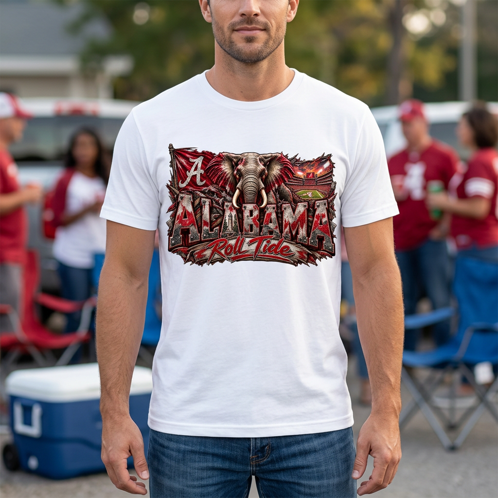 Male model wearing white Alabama Roll Tide elephant T-shirt mockup