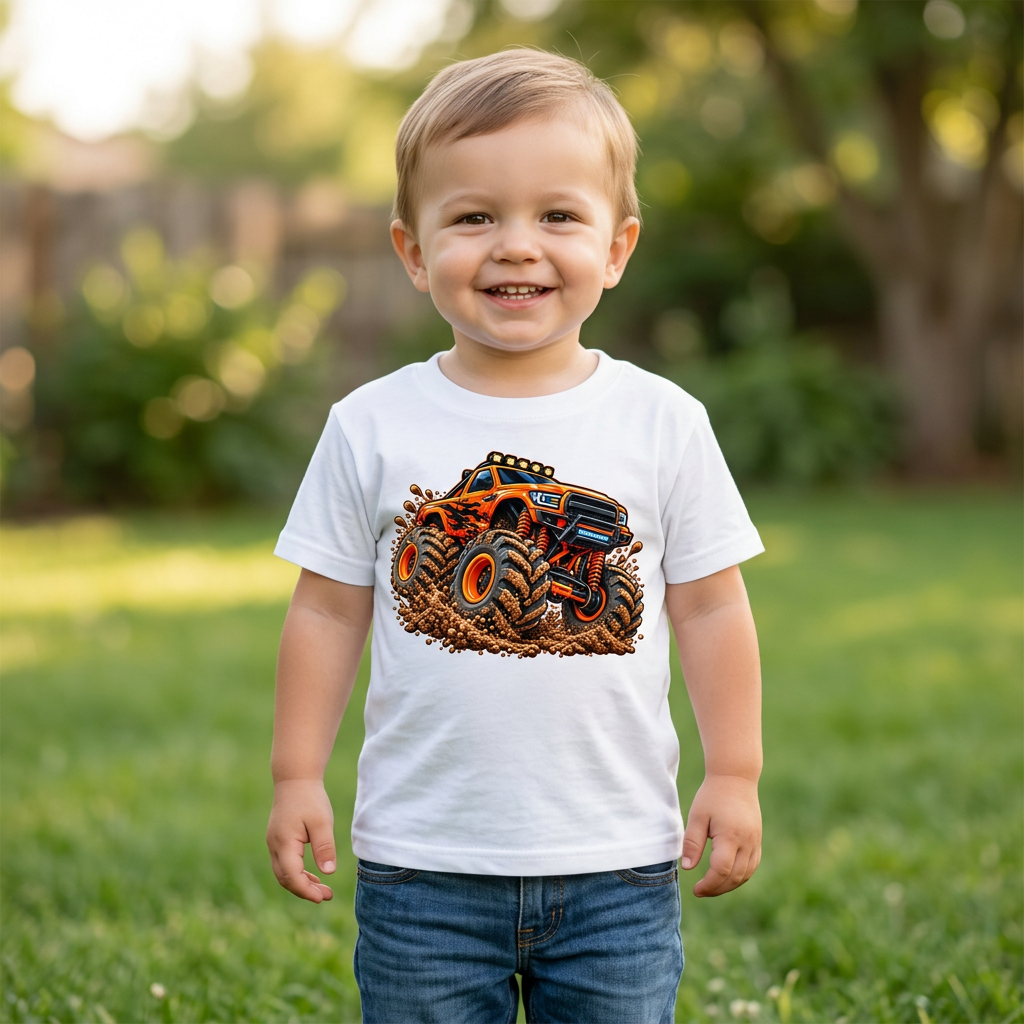Toddler model wearing white orange monster truck T-shirt