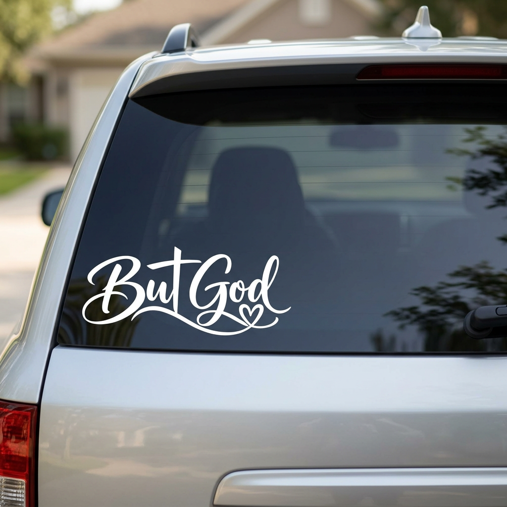 White But God faith decal mockup on an SUV rear window