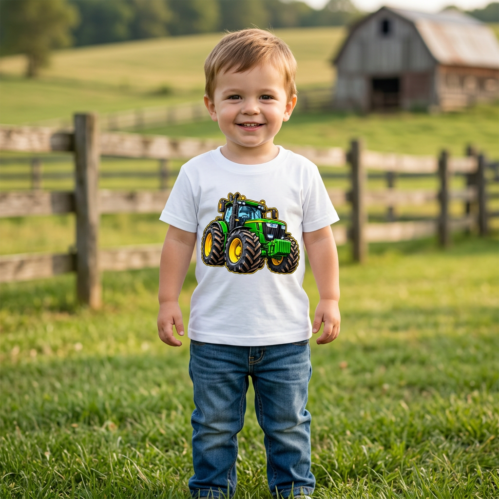 Toddler wearing white green tractor T-shirt mockup
