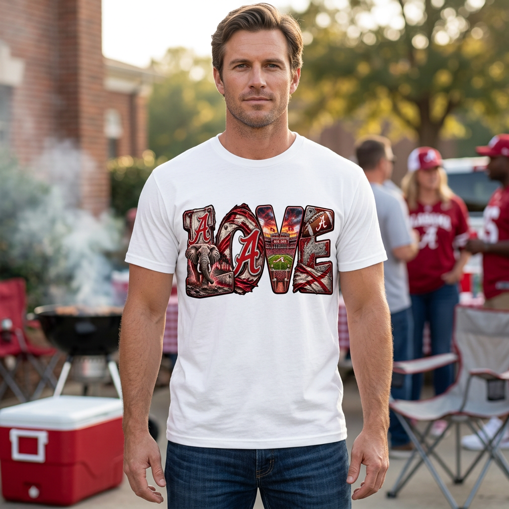 Male model wearing white distressed Love Alabama T-shirt mockup