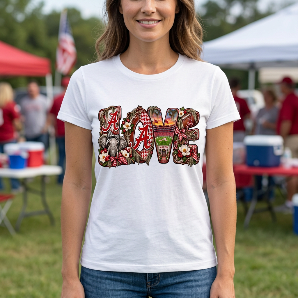 Model wearing white Love Alabama football and houndstooth T-shirt mockup