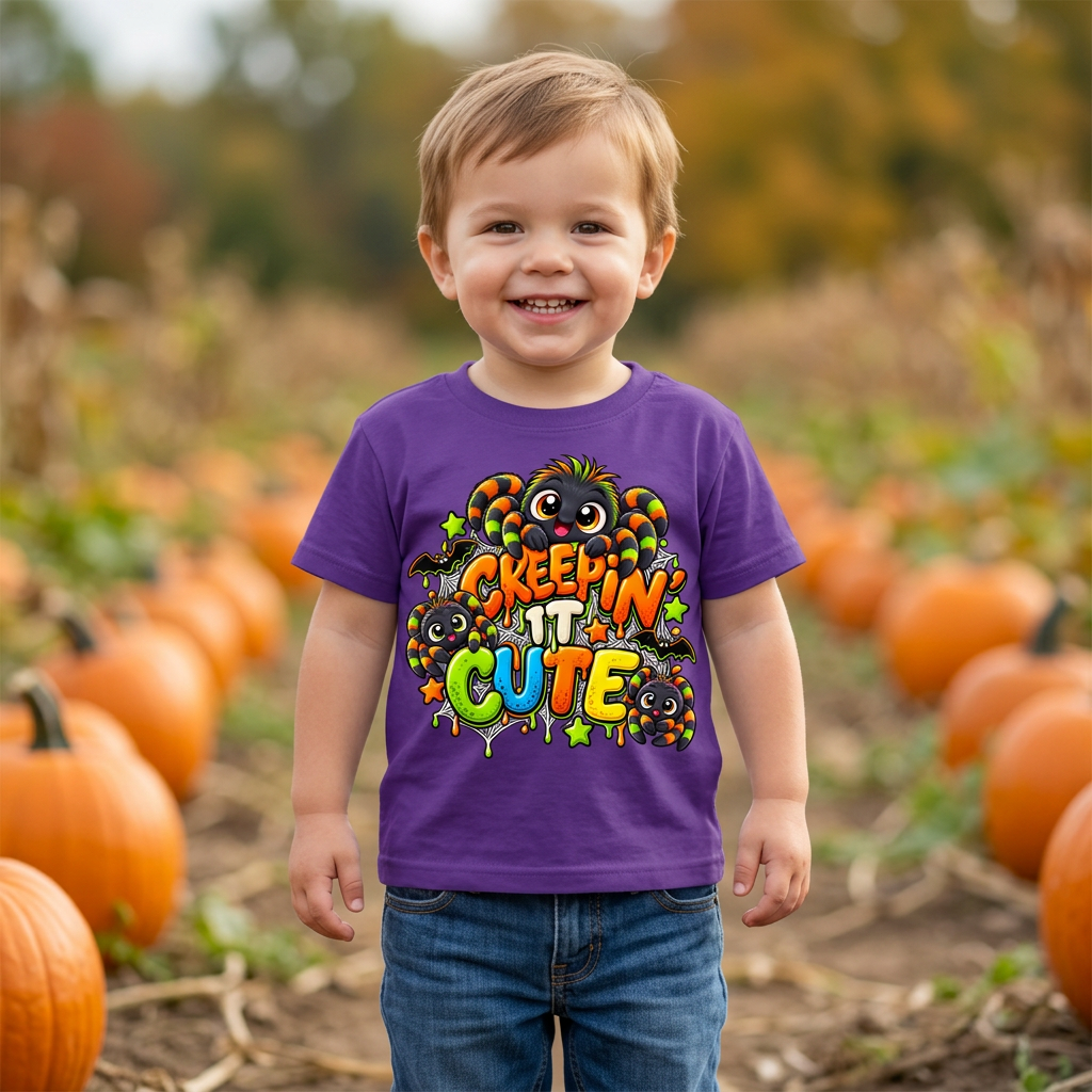 Toddler wearing purple Creepin’ It Cute Halloween T-shirt at pumpkin patch
