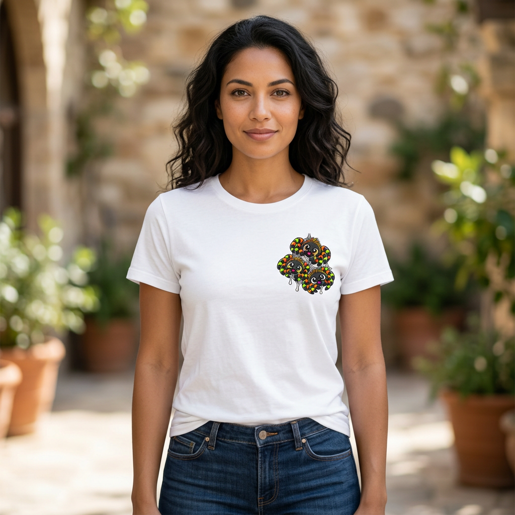 Model wearing white T-shirt with cute spider trio left-chest logo
