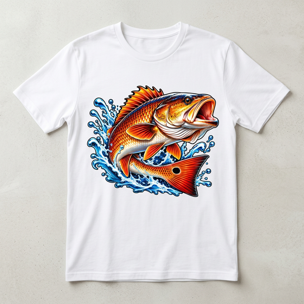 Leaping redfish T-shirt flat-lay mockup
